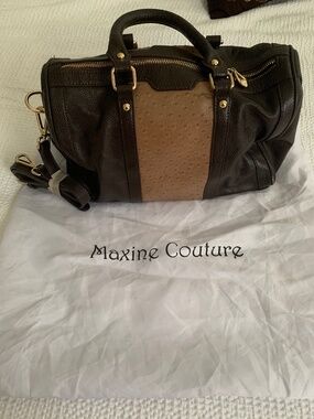 Maxine Couture Brown Leather Satchel w/ Dust Bag - Two-Tone Ostrich Detail